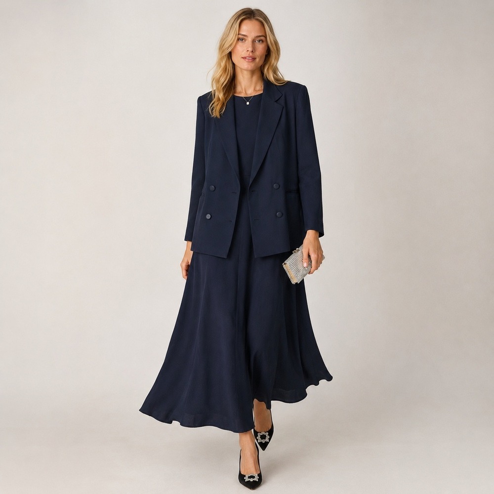 Vintage J.Crew Dress Suit Set 12 Black Silk Double Breasted Blazer Maxi Dress